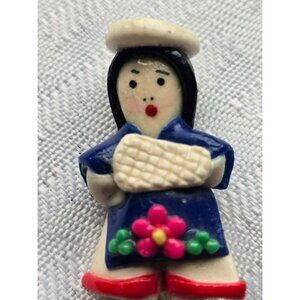 Vintage Japanese Doll Pin Clay Femo Miniature Kimono Flowers 1.5" Tall